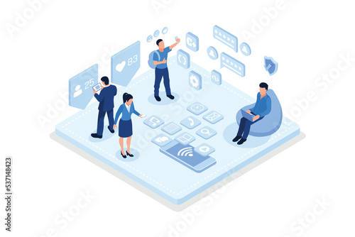 People Characters standing near Smartphone and looking at new Social Media Post. Woman and Man leaving Comments and likes for Photo in Mobile App, isometric vector modern illustration