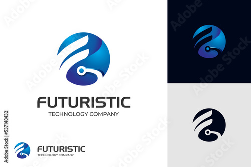 Initial letter F technology logo design. futuristic brand logo with globe shape design concept. Letter F 3d design circle logo template for business and corporate identity