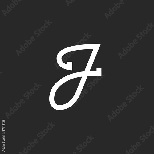 Letter J logo monogram design element, calligraphic italic font, handwritten thin white line cursive letter.