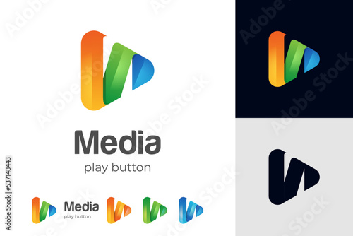 Play button media music icon logo design, colorful media play technology logo element for music audio, Streaming service app, video icon logo
