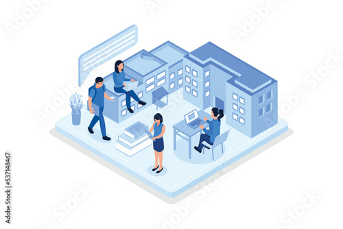 Students Study Online in University or College Campus. Girls and Boys Learning Together with Smartphone, Laptop, Books. Distance Education Technology Concept, isometric vector modern illustration