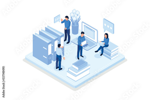 Media book library concept banner with characters. Can use for web banner, infographics, hero images, isometric vector modern illustration