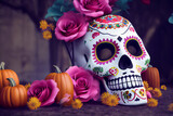Hispanic heritage sugar skull marigold Festive dia de los muertos background 3d render digital illustration 