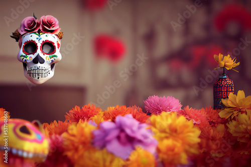 Hispanic heritage sugar skull marigold  Festive dia de los muertos background 3d render digital illustration 