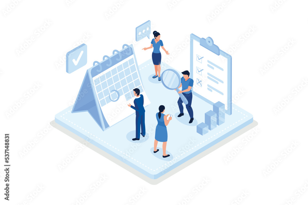 Woman Planing and Putting Check Mark on Laptop Screen. Office Desk with Planners, Organizers, Notebooks. Planning, Personal Organizer and Time Management Concept, isometric vector modern illustration Woman Planing and Putting Check Mark on Laptop Screen. Office Desk with Planners, Organizers, Notebooks. Planning, Personal Organizer and Time Management Concept, isometric vector modern illustration