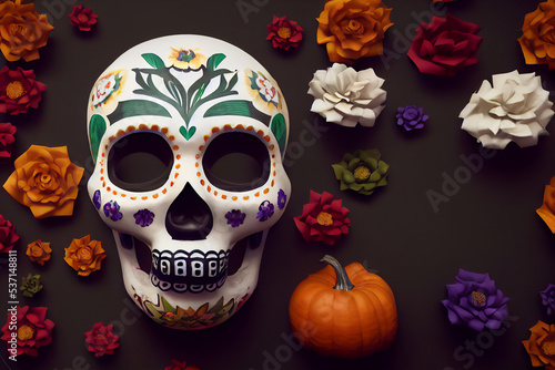 Hispanic heritage sugar skull marigold  Festive dia de los muertos background 3d render digital illustration 