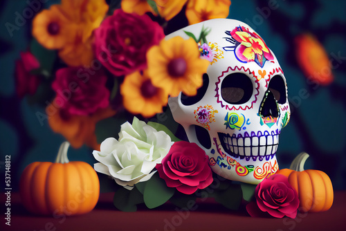 Hispanic heritage sugar skull marigold  Festive dia de los muertos background 3d render digital illustration 