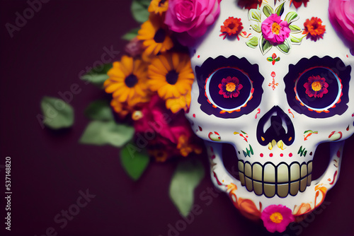 Hispanic heritage sugar skull marigold  Festive dia de los muertos background 3d render digital illustration 
