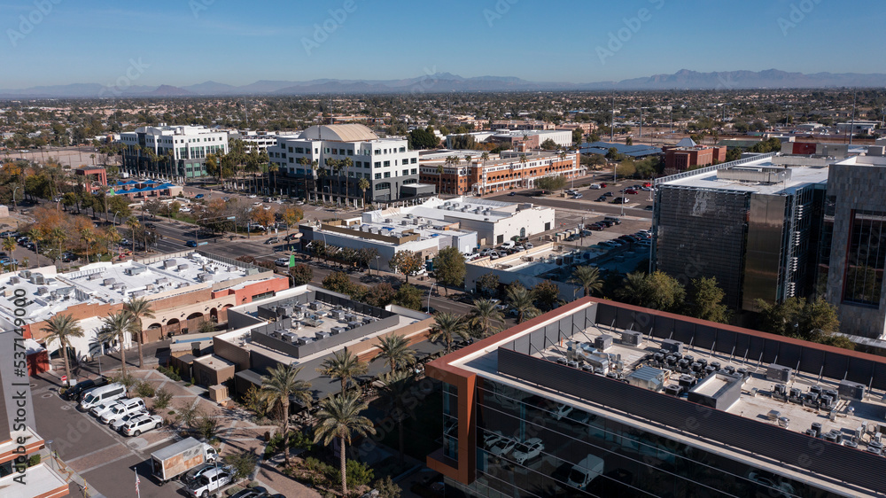 Chandler, Arizona, USA - January 4, 2022: Afternoon sunlight shines on the urban core of downtown Chandler.