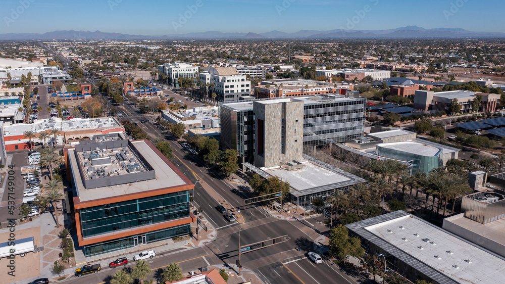 Chandler, Arizona, USA - January 4, 2022: Afternoon sunlight shines on the urban core of downtown Chandler.