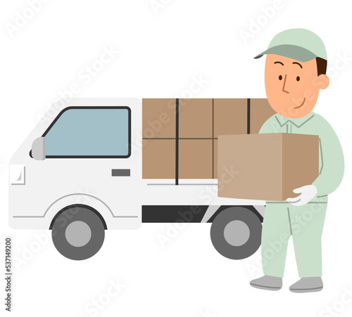 荷物を積んだ横向きの軽トラック3・配達員の男性1