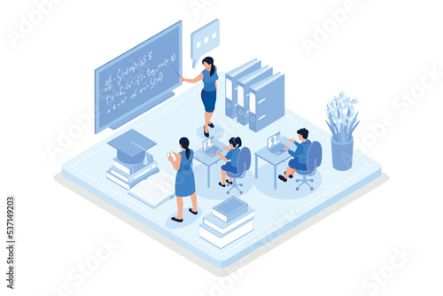 Student Learning Online at Home. Character Sitting at Desk, Looking at Laptop and Studying with Smartphone, Books and Exercise Books. Online Education Concept, isometric vector modern illustration