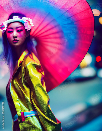 Futuristic girl, cyberpunk style, person with a ambrella photo
