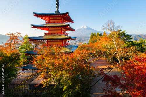 Fuji Mountain and Chureito Pagoda with Colorful sakura leaves in autumn , Japan 