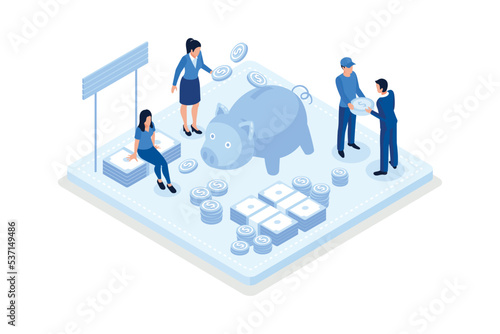 People Characters Standing near Piggy Bank, Gold Coins Stack and Banknotes Bundle. Woman and Man Holding Dollar Coins. Saving Money or Cash Back Concept, isometric vector modern illustration