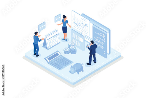 Office Desk with Documents for Tax Calculation. Finance Report with Graph Charts. Calendar show Tax Payment Date. Accounting and Financial Management Concept, isometric vector modern illustration
