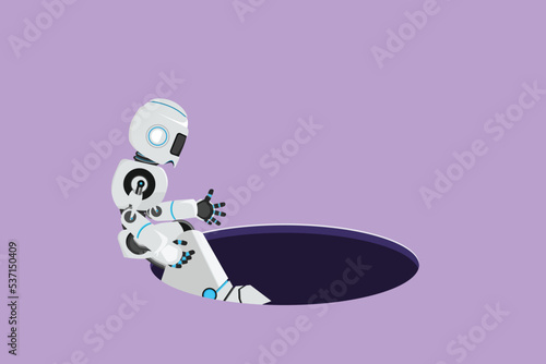 Character flat drawing of robot descends into the hole. Failure to take advantage of tech business opportunities. Humanoid robot cybernetic organism. Future robotic. Cartoon design vector illustration