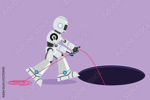 Character flat drawing robot stretch out rope into hole. Tech business opportunity, exploration, challenge. Humanoid robot cybernetic organism. Robotic development. Cartoon design vector illustration