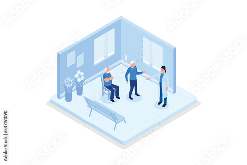Elderly healthcare, Seniors in nursing home hospital meeting with doctor, isometric vector modern illustration
