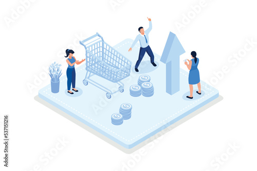 Inflation illustration set. Characters buying food in supermarket and worries about groceries rising price. Consumer price index growth and financial crisis concept. Vector illustration.