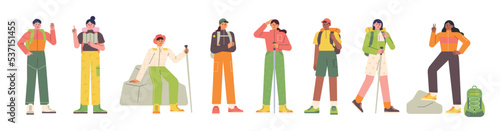 Collection of hiker characters in mountaineering clothes. flat vector illustration.