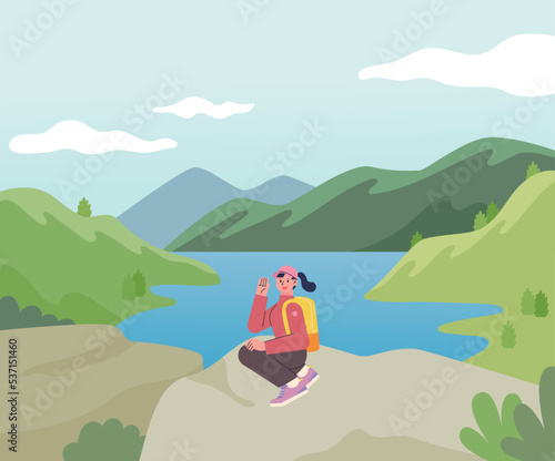 A hiker is sitting on a rock and posing for a photo. There is a lake in the background. flat vector illustration.