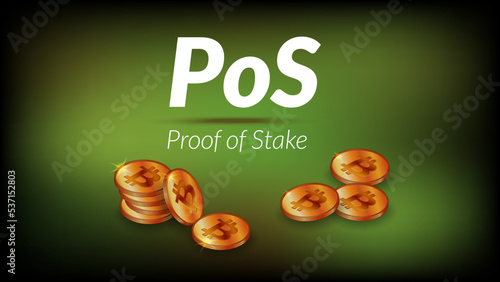 White text PoS Proof of Stake with isometric stacks of bitcoin BTC coins with shadows on dark green background. Banner for news or articles. Vector.