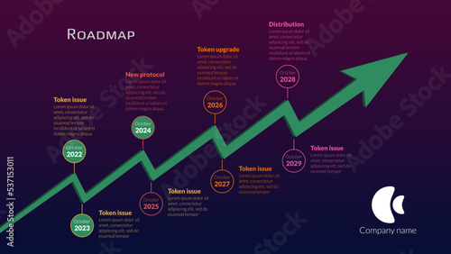 Roadmap with upward trend arrow and many colored stages on dark purple background. Timeline infographic template for business presentation. Vector.