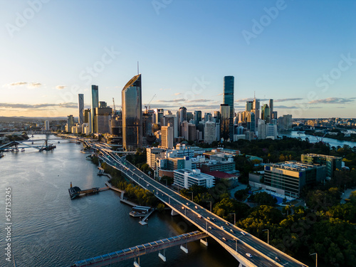Aerial view of Brisbane city in Australia at sunset