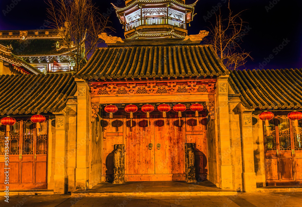 Buddhist Nanchang Temple Wooden Door Pagoda Wuxi Jiangsu China Night