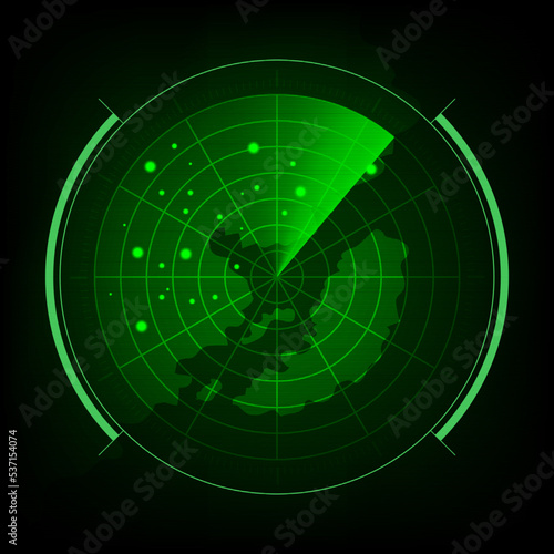 Vector Design radar in searching on Black Background stock illustration.
