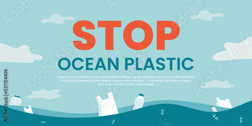 Stop ocean plastic pollution banner design template in paper cut style. Sea pollutions website banner, World Oceans Day concept, Save the world paper art vector illustration.