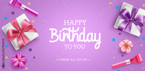 Birthday vector background design. Happy birthday greeting text with gifts, party horn and flowers elements for birth day celebration messages. Vector illustration.
