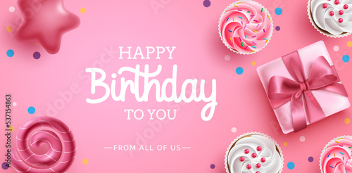 Birthday greeting vector background design. Happy birthday text in pink background with cute cup cakes and gift elements for birth day messages. Vector illustration.
