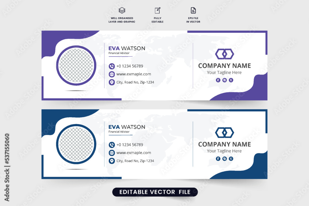 Business email signature vector with purple and dark blue colors. Corporate email footer and signature design with abstract shapes. professional mailing interface design for social media cover. Business email signature vector with purple and dark blue colors. Corporate email footer and signature design with abstract shapes. professional mailing interface design for social media cover.