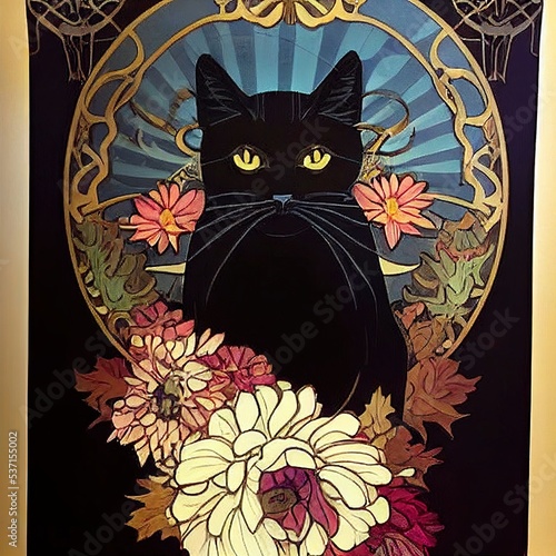 black cat with flowers. Generative AI Technology