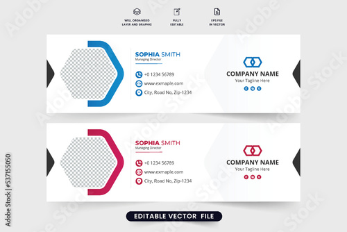 Professional email signature design with blue and maroon colors. Minimal email signature template vector for author's social media cover. Creative email footer decoration with geometric shapes.