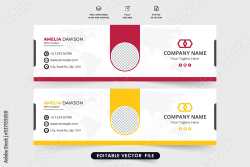 Individual author email signature design with red and yellow colors. Web mailing interface template vector with photo placeholders. Email signature for corporate office employees and businesses.