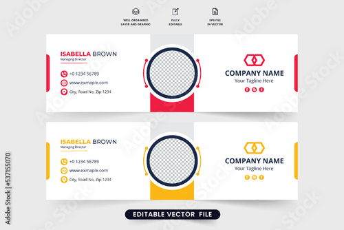 Corporate office individual email signature design with photo placeholders. Modern business email signature decoration with creative shapes. Individual web mailing interface with red and yellow colors
