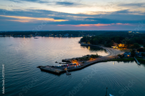 Aerial view at Branford Point in Branford, CT with New Haven, CT in the background during sunset