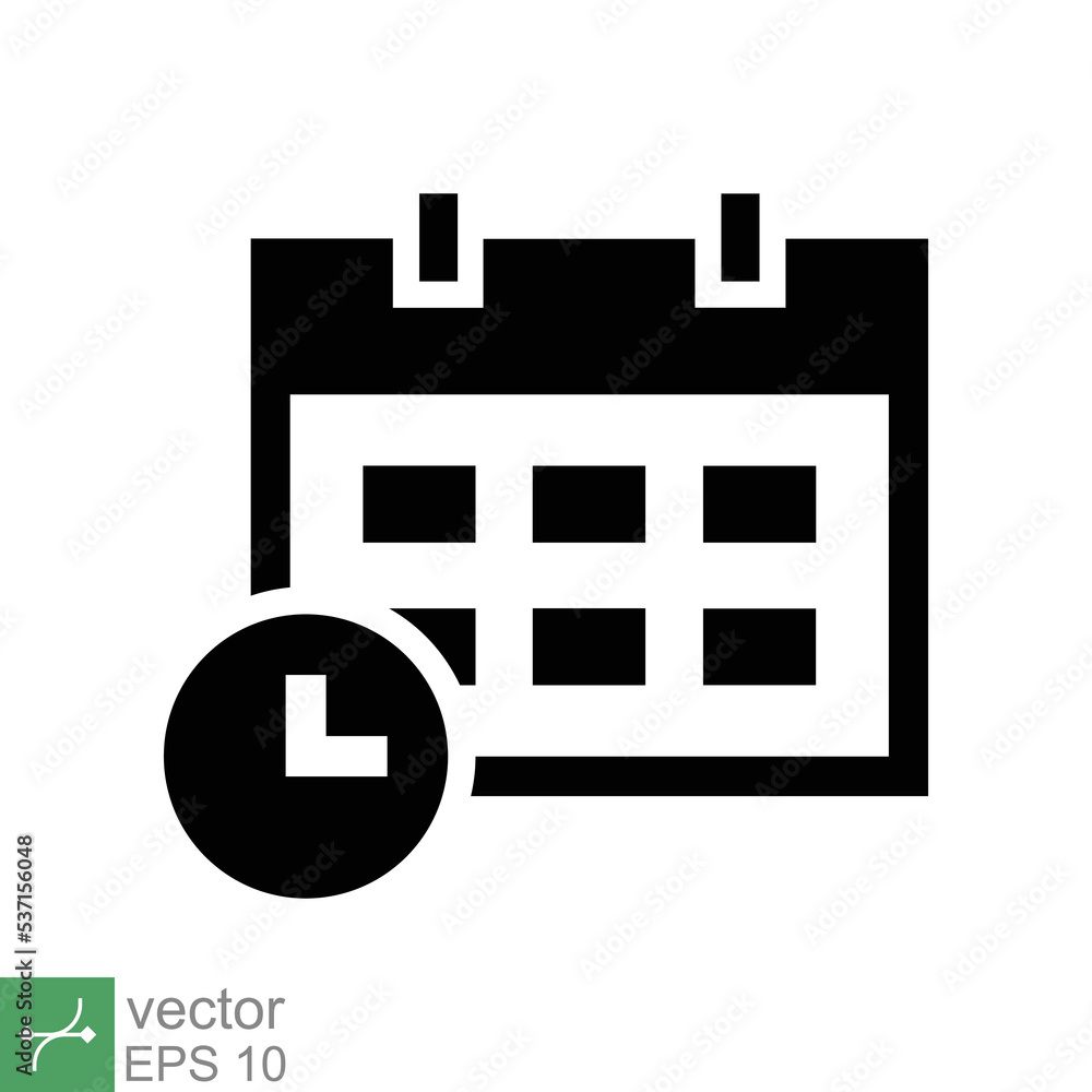 Calendar icon. Simple solid style. Clock, time, day, week, year, meeting appointment, schedule, plan, holiday, business concept. Glyph vector illustration isolated on white background. EPS 10. Calendar icon. Simple solid style. Clock, time, day, week, year, meeting appointment, schedule, plan, holiday, business concept. Glyph vector illustration isolated on white background. EPS 10.