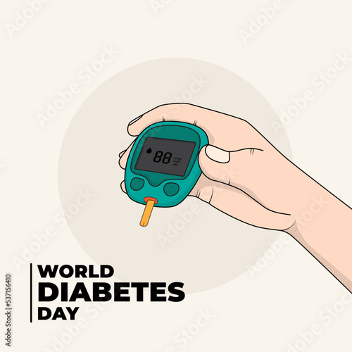 World diabetes day template with hand gripping the glucometer in cartoon design