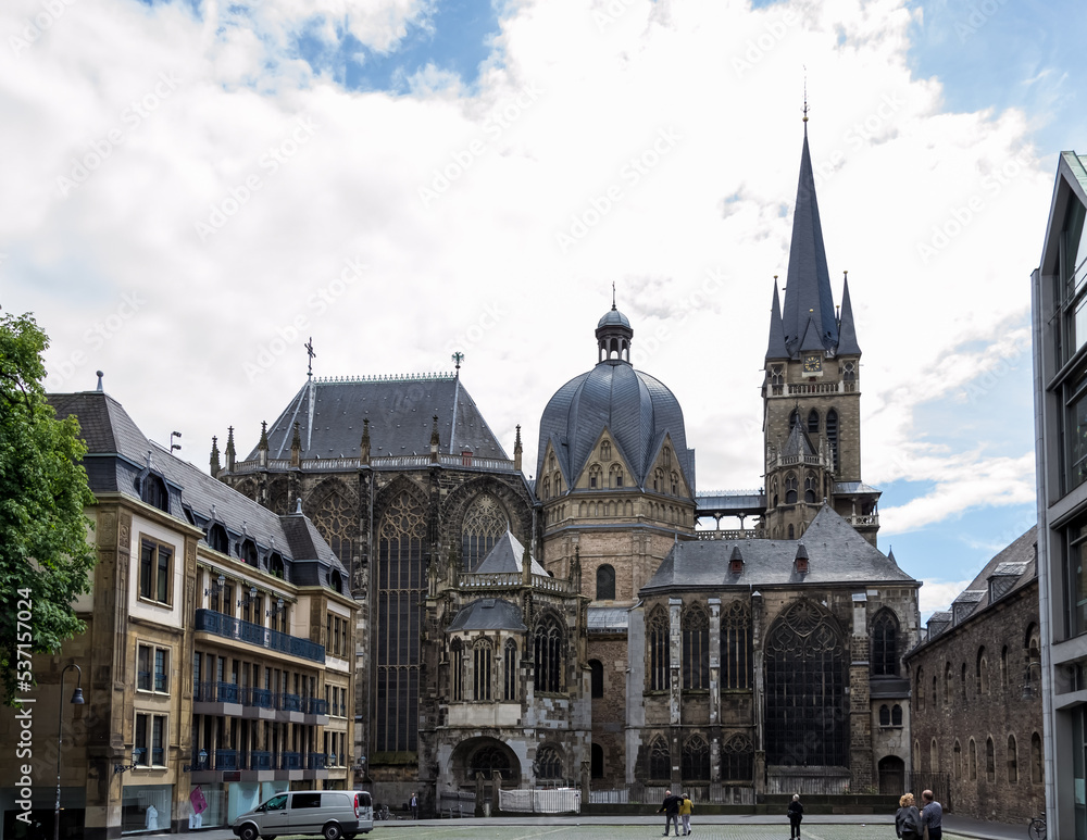 Obraz premium Architectural detail of the Aachen Cathedral in Aachen, Germany, one of the oldest cathedrals in Europe, constructed by order of Emperor Charlemagne, who was buried there in 814