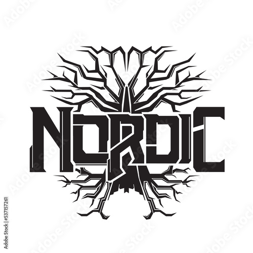 nordic logo silhouette design with yggdrasil tree
