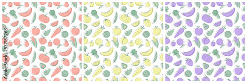 Set of Vegetarian, Fruit or Vegetables Seamless Pattern Design with Fresh, Organic and Natural Food in Hand Drawn Flat Cartoon Background Illustration