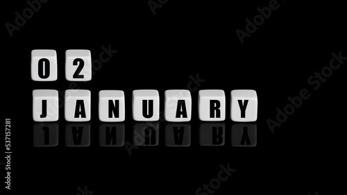 January 2th. Day 2 of month, Calendar date. White cubes with text on black background with reflection.Winter month, day of year concept
