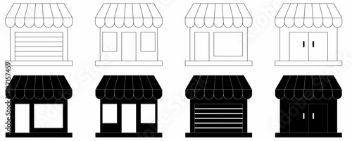 black white store or shop icon set with different style isolated on white background