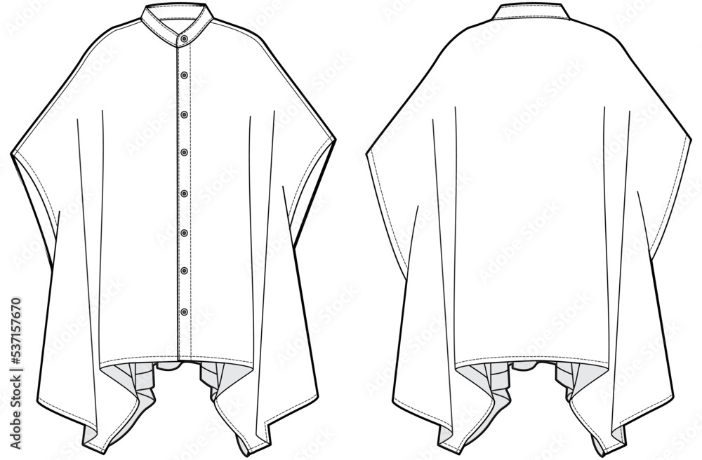 Vecteur Stock womens button down poncho top fashion flat sketch vector  illustration. front and back view technical drawing template. cad mockup. |  Adobe Stock