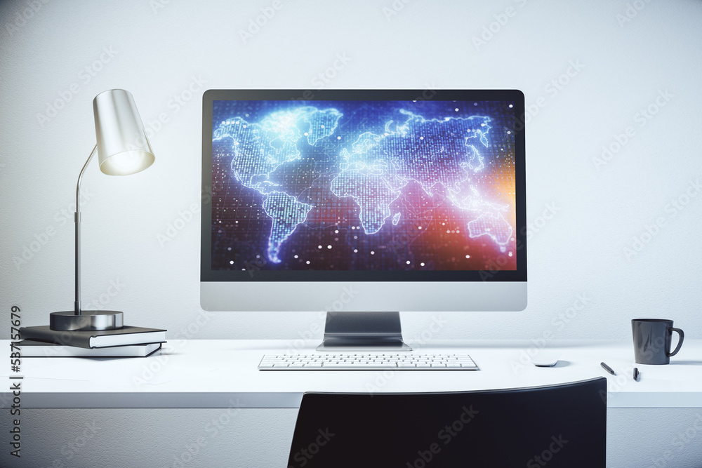 Fototapeta premium Abstract creative world map on modern laptop screen, international trading concept. 3D Rendering