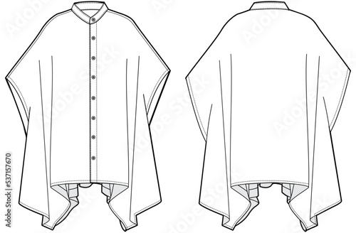 womens button down poncho top fashion flat sketch vector illustration. front and back view technical drawing template. cad mockup.